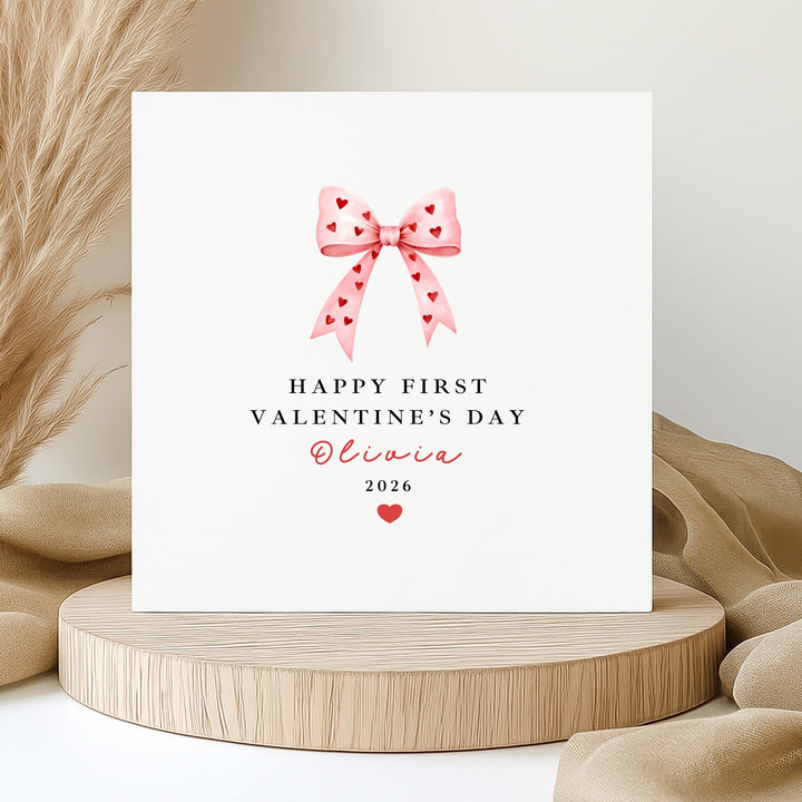 Personalised Pink Bow Happy First Valentine's Day Card