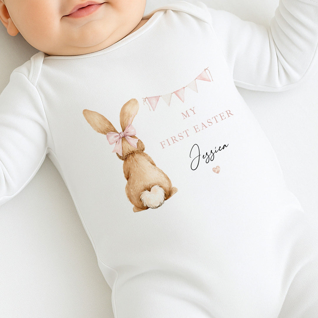Personalised Pink Bunny Bunting My First Easter Baby Grow, Vest or Bib