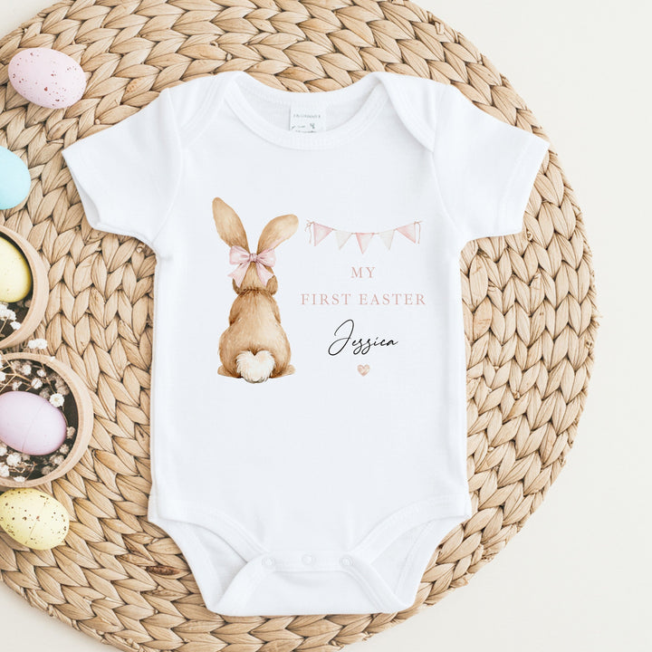 Personalised Pink Bunny Bunting My First Easter Baby Grow, Vest or Bib