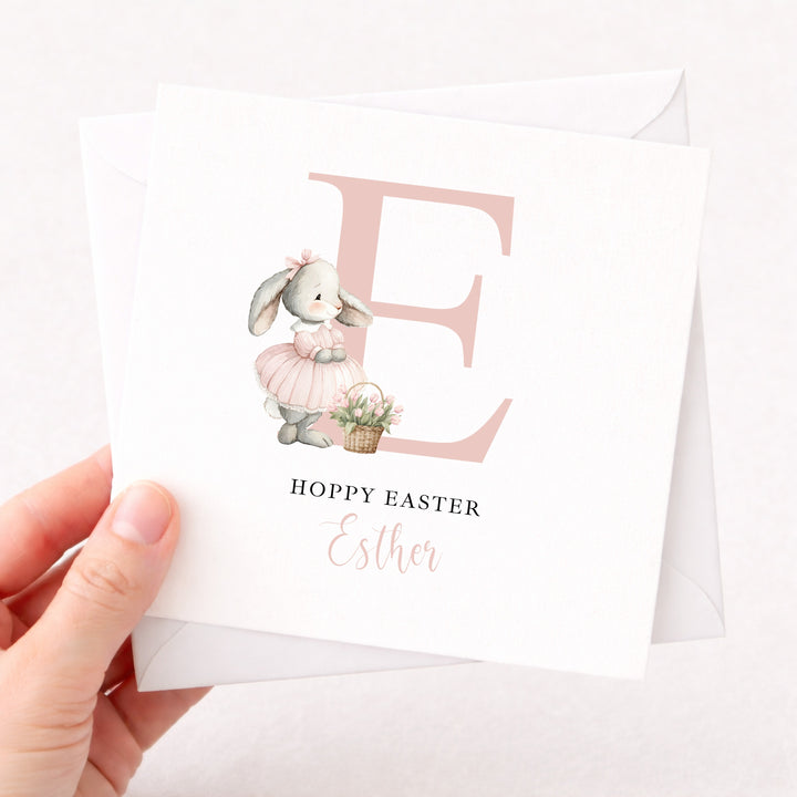 Personalised Pink Initial Bunny Hoppy Easter Card