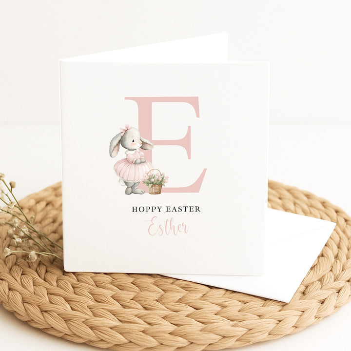 Personalised Pink Initial Bunny Hoppy Easter Card