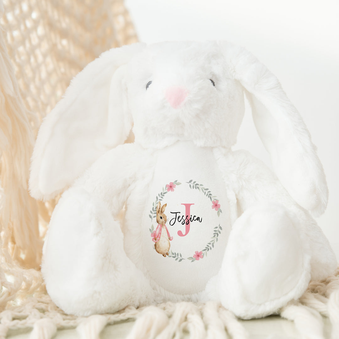 Personalised Girls Pink Floral Bunny Wreath Babygrow & Bunny Set