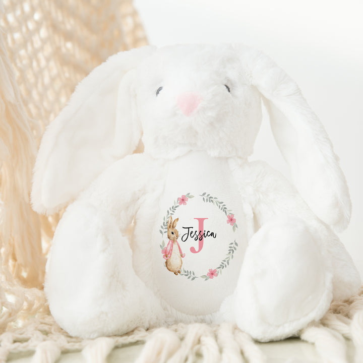 Personalised Girls Pink Floral Bunny Wreath Babygrow & Bunny Set