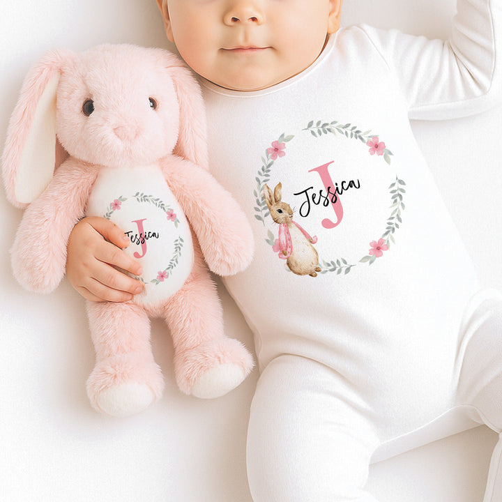 Personalised Girls Pink Floral Bunny Wreath Babygrow & Bunny Set