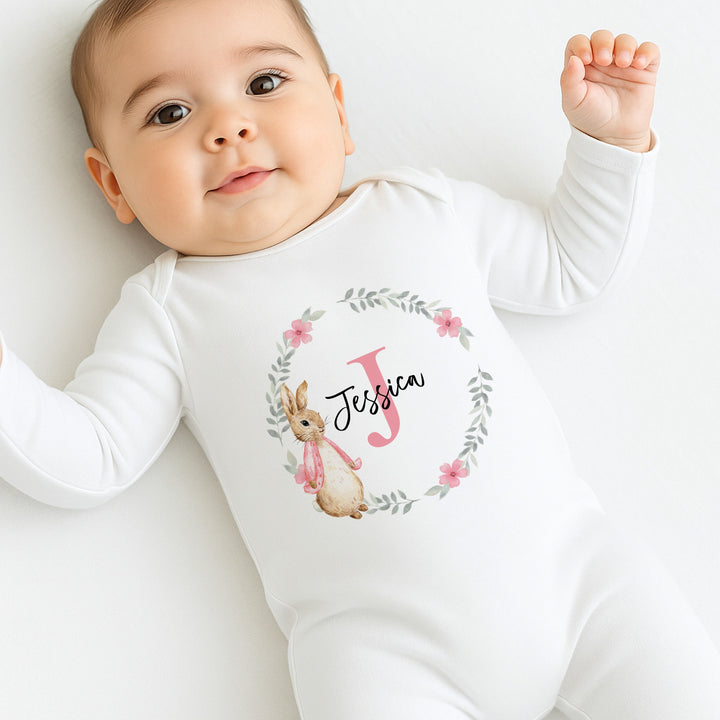 Personalised Girls Pink Floral Bunny Wreath Babygrow & Bunny Set
