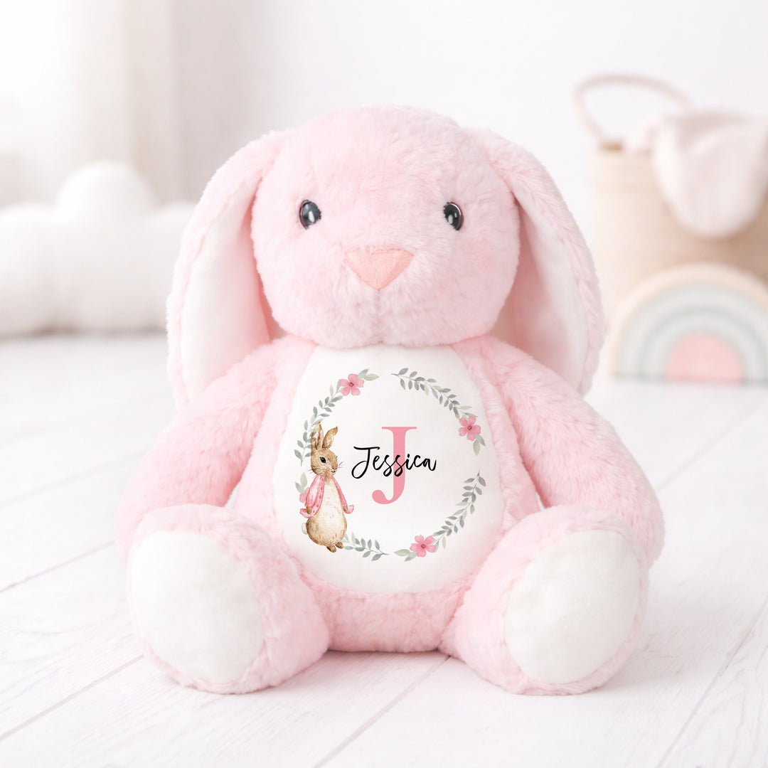Personalised Girls Pink Floral Bunny Wreath Babygrow &amp; Rabbit Set
