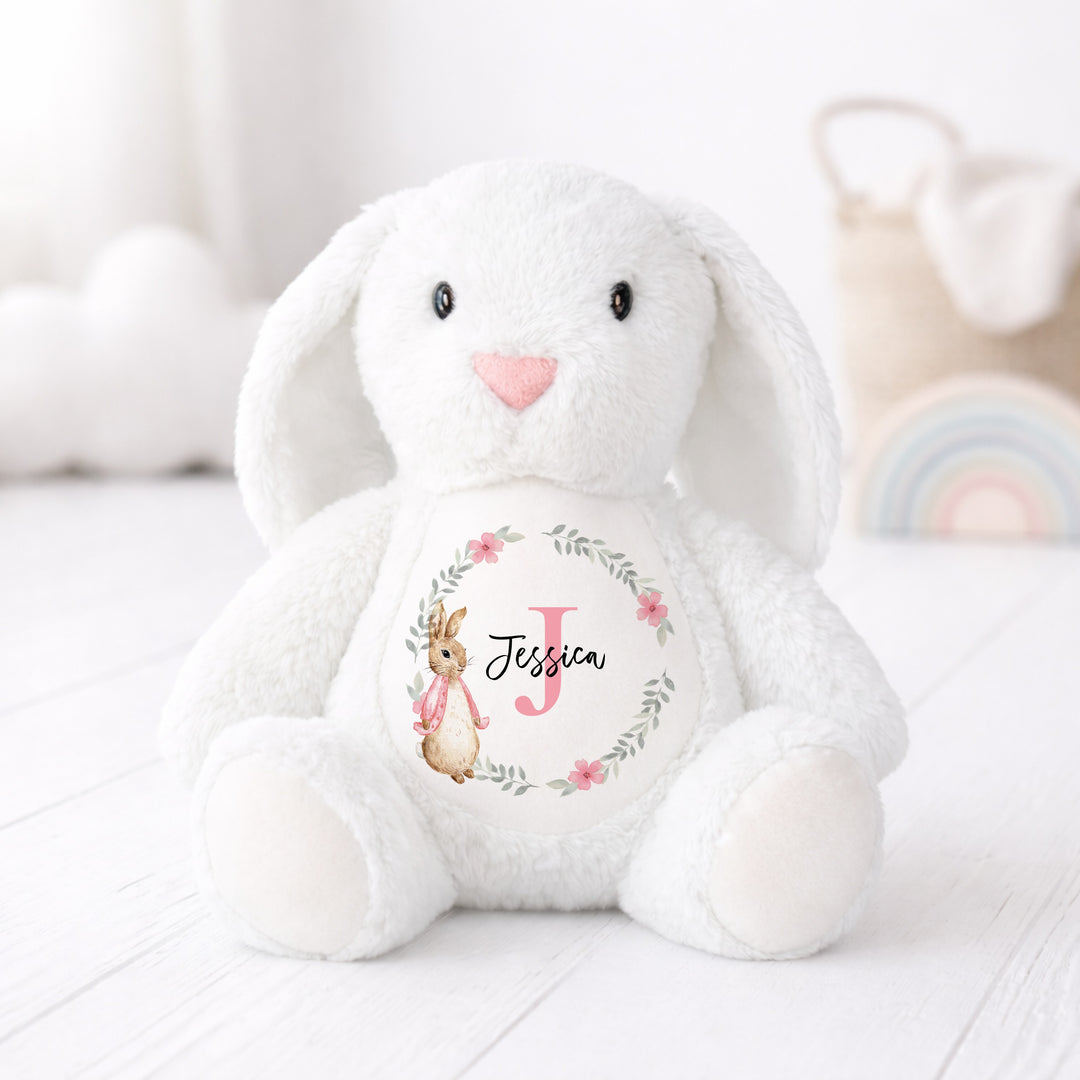 Personalised Girls Pink Floral Bunny Wreath Babygrow &amp; Rabbit Set