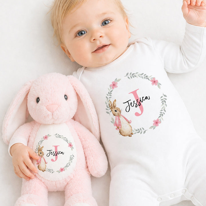 Personalised Girls Pink Floral Bunny Wreath Babygrow &amp; Rabbit Set