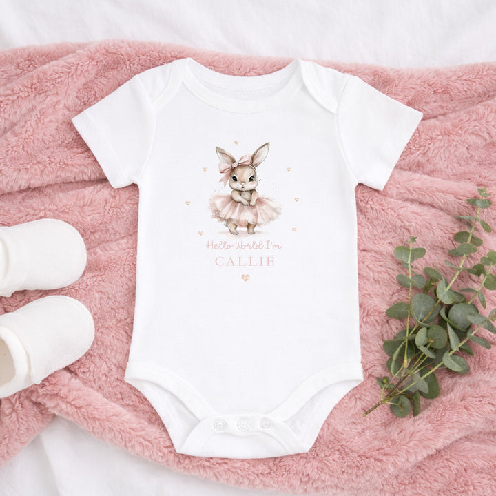Personalised Pink Ballerina Bunny Hello World Baby Grow, Vest or Bib
