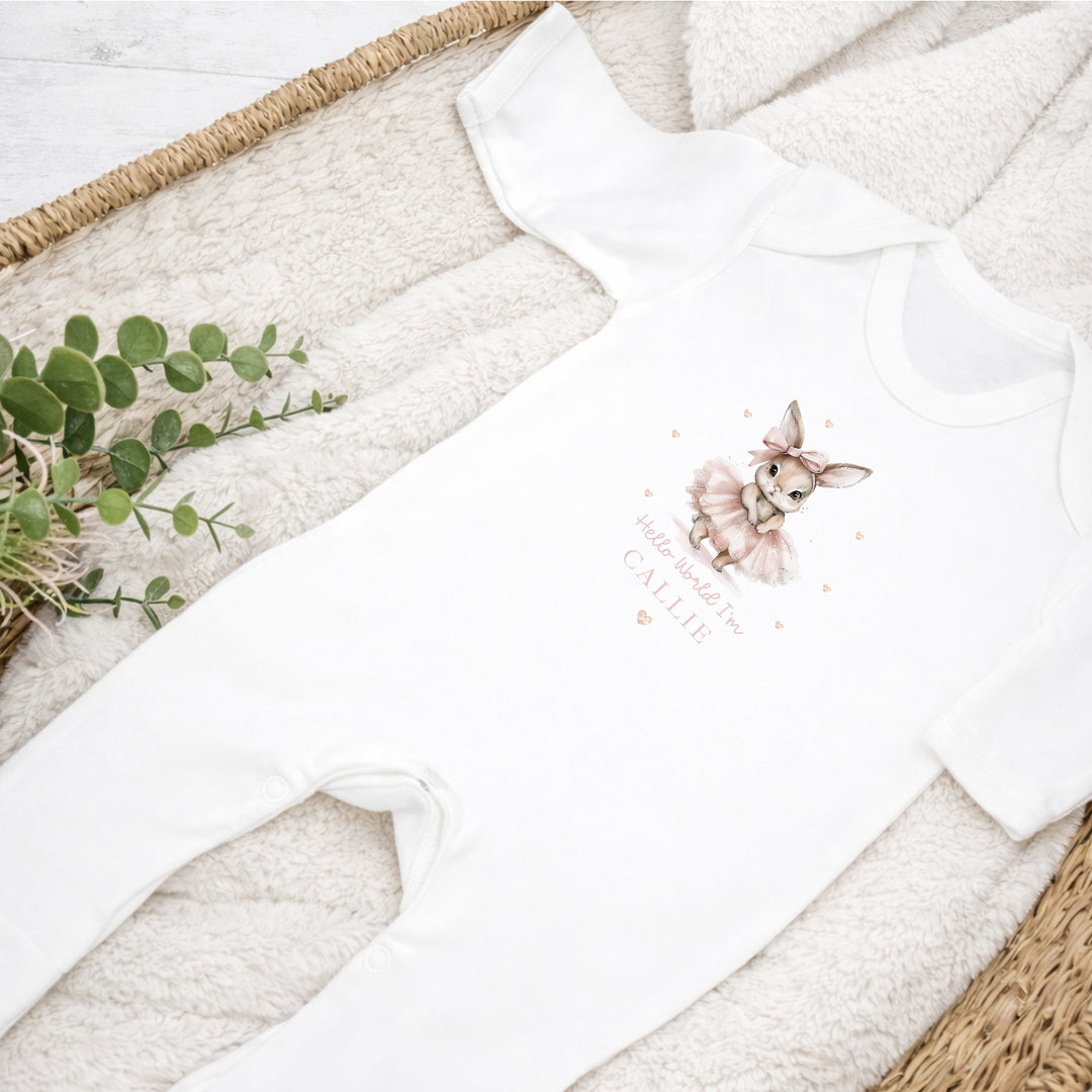 Personalised Pink Ballerina Bunny Hello World Baby Grow, Vest or Bib