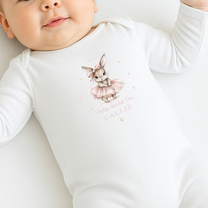 Personalised Pink Ballerina Bunny Hello World Baby Grow, Vest or Bib