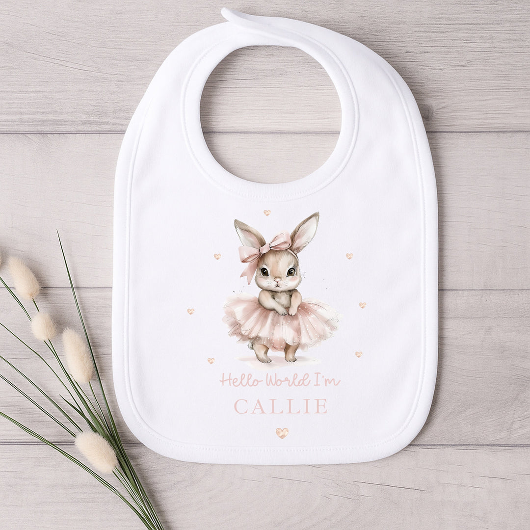 Personalised Pink Ballerina Bunny Hello World Baby Grow, Vest or Bib