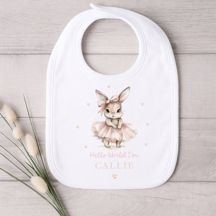 Personalised Pink Ballerina Bunny Hello World Baby Grow, Vest or Bib