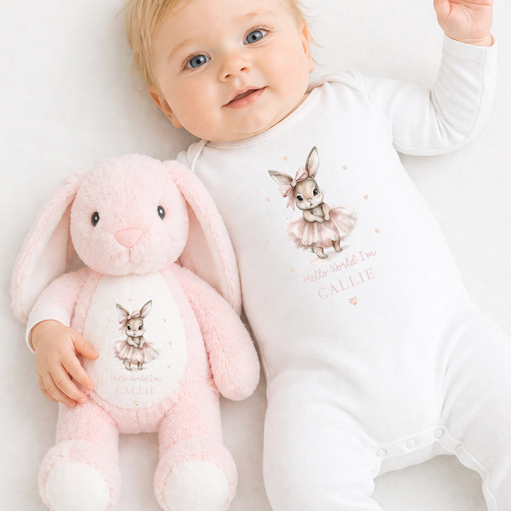 Personalised Pink Ballerina Bunny Baby Grow &amp; Rabbit Set