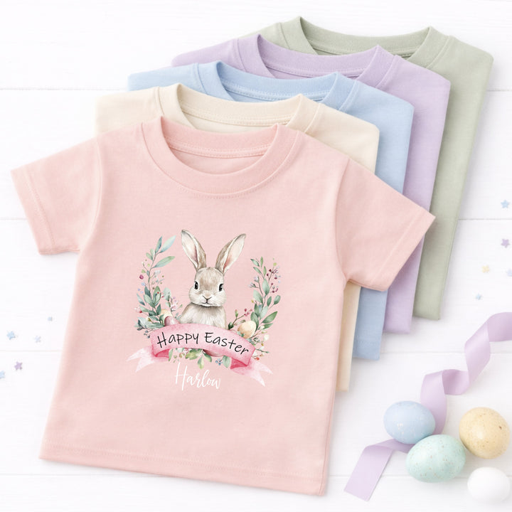 Personalised Pink Bunny Wreath Easter T-shirt