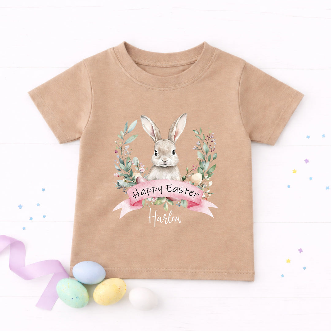 Personalised Pink Bunny Wreath Easter T-shirt