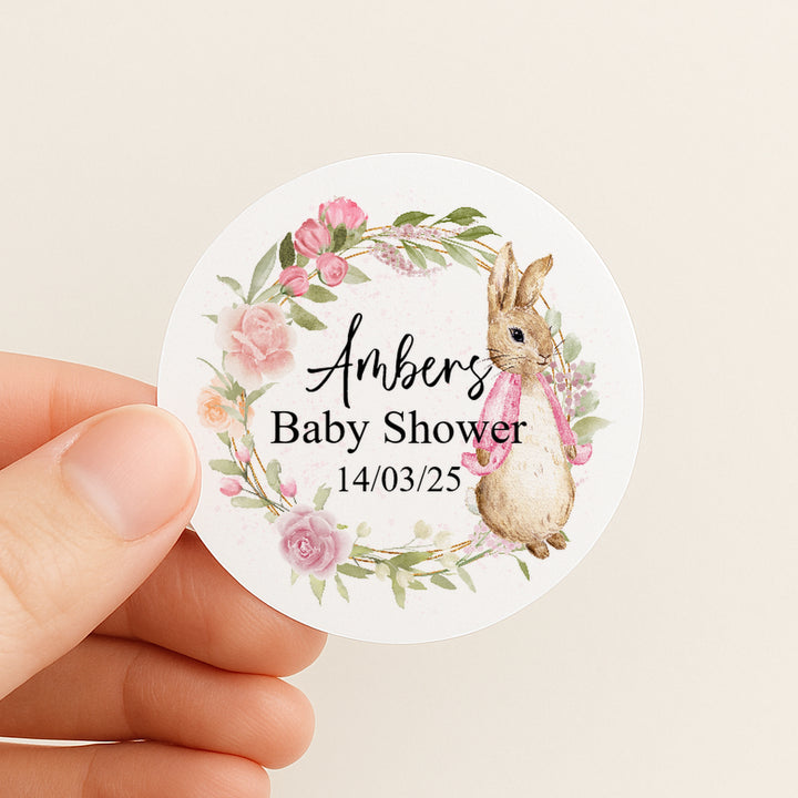 Personalised Pink Rabbit Wreath Baby Shower Stickers