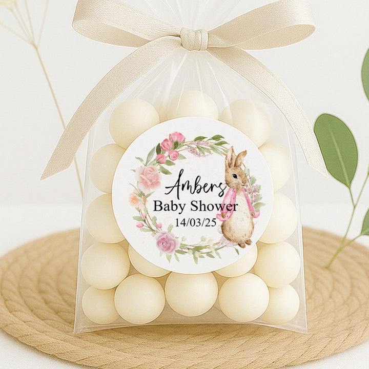 Personalised Pink Rabbit Wreath Baby Shower Stickers