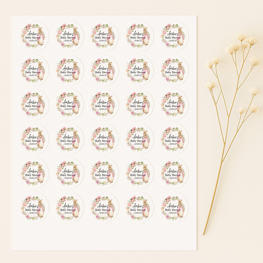 Personalised Pink Rabbit Wreath Baby Shower Stickers