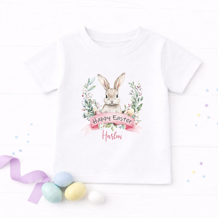 Personalised Pink Bunny Wreath Easter T-shirt
