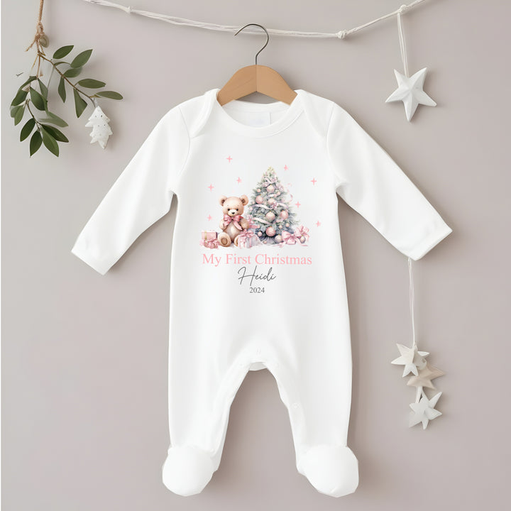 Personalised My First Christmas Pink Teddy Babygrow/Vest/Bib