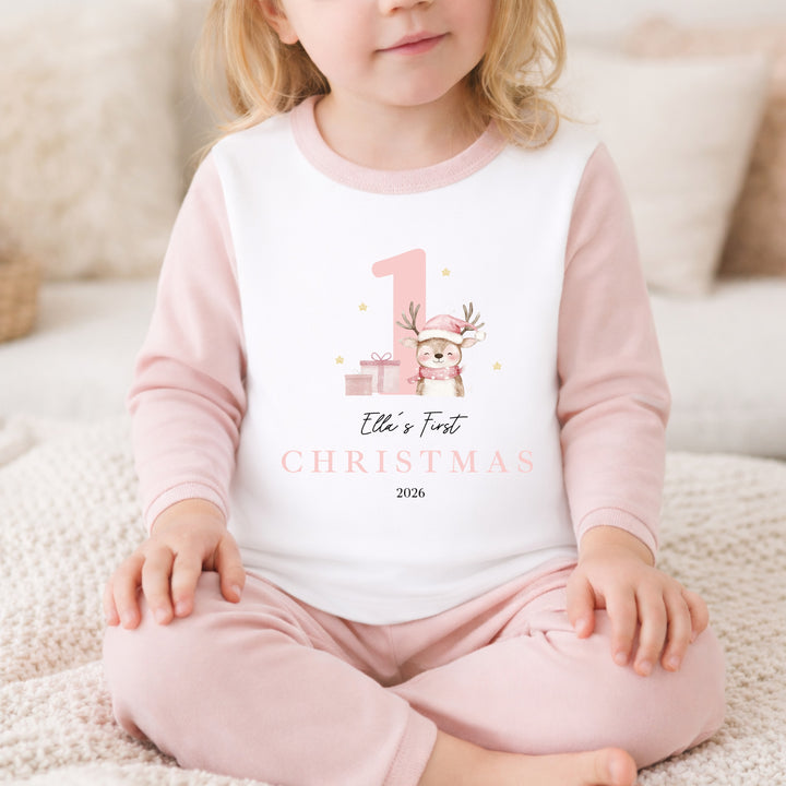 Personalised Pink Reindeer My First Christmas Pyjamas