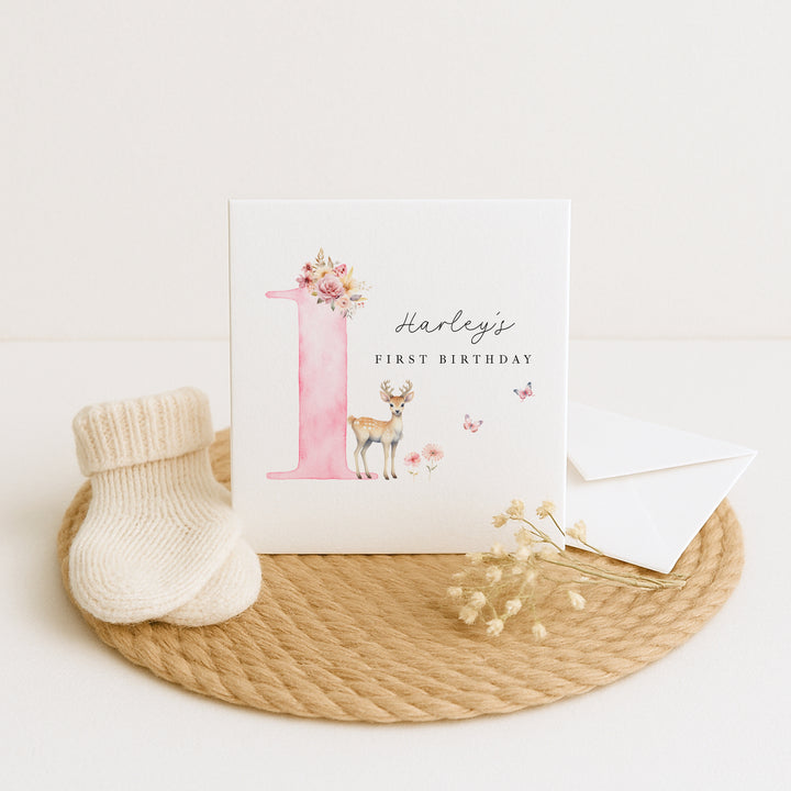 Personalised Pink Deer Birthday Card