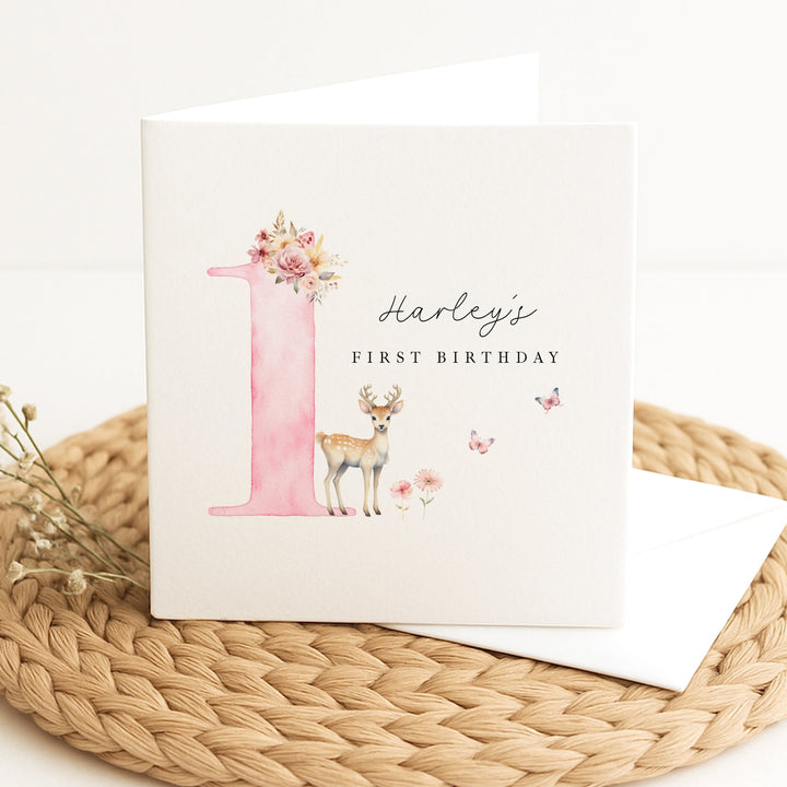 Personalised Pink Deer Birthday Card