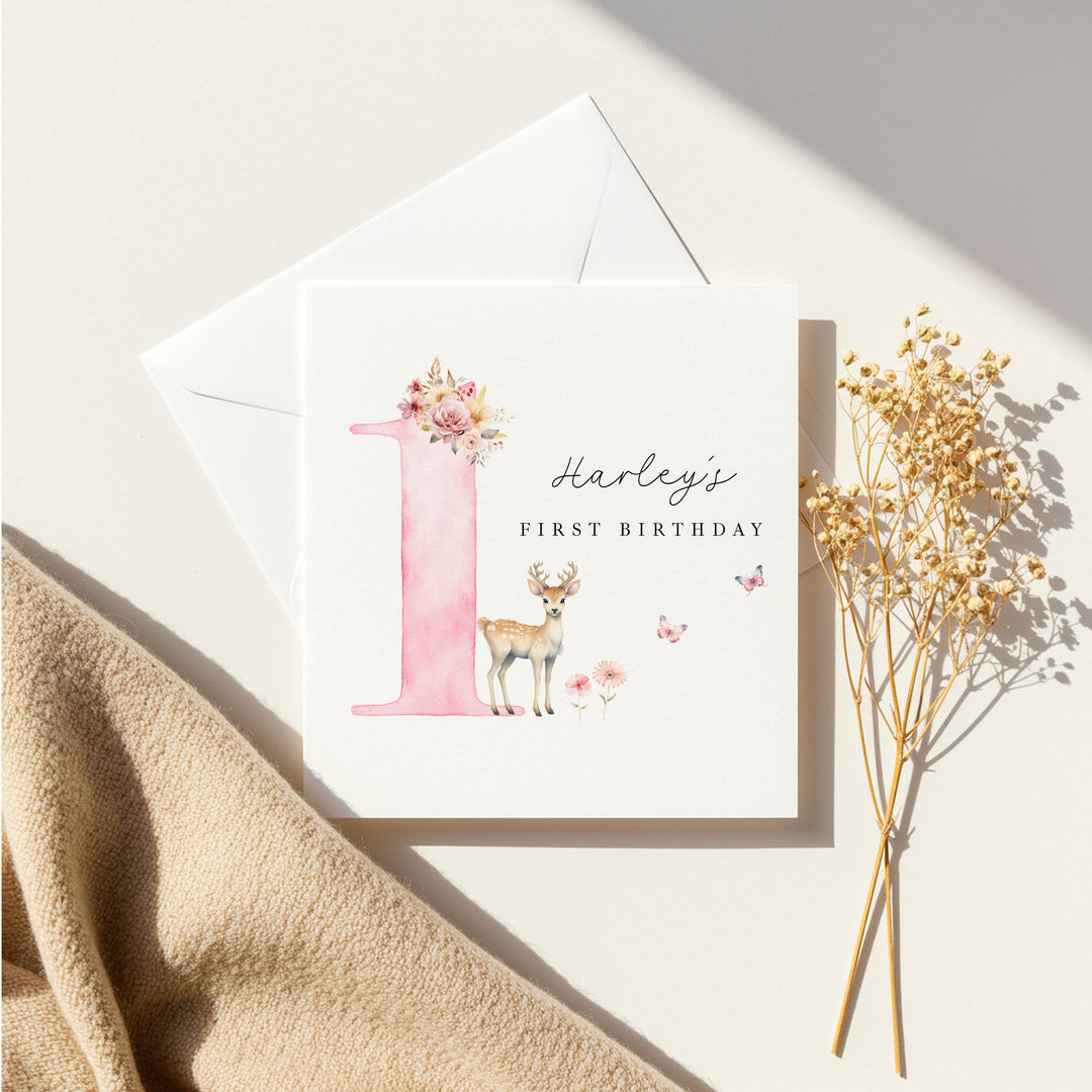 Personalised Pink Deer Birthday Card
