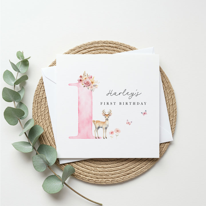 Personalised Pink Deer Birthday Card