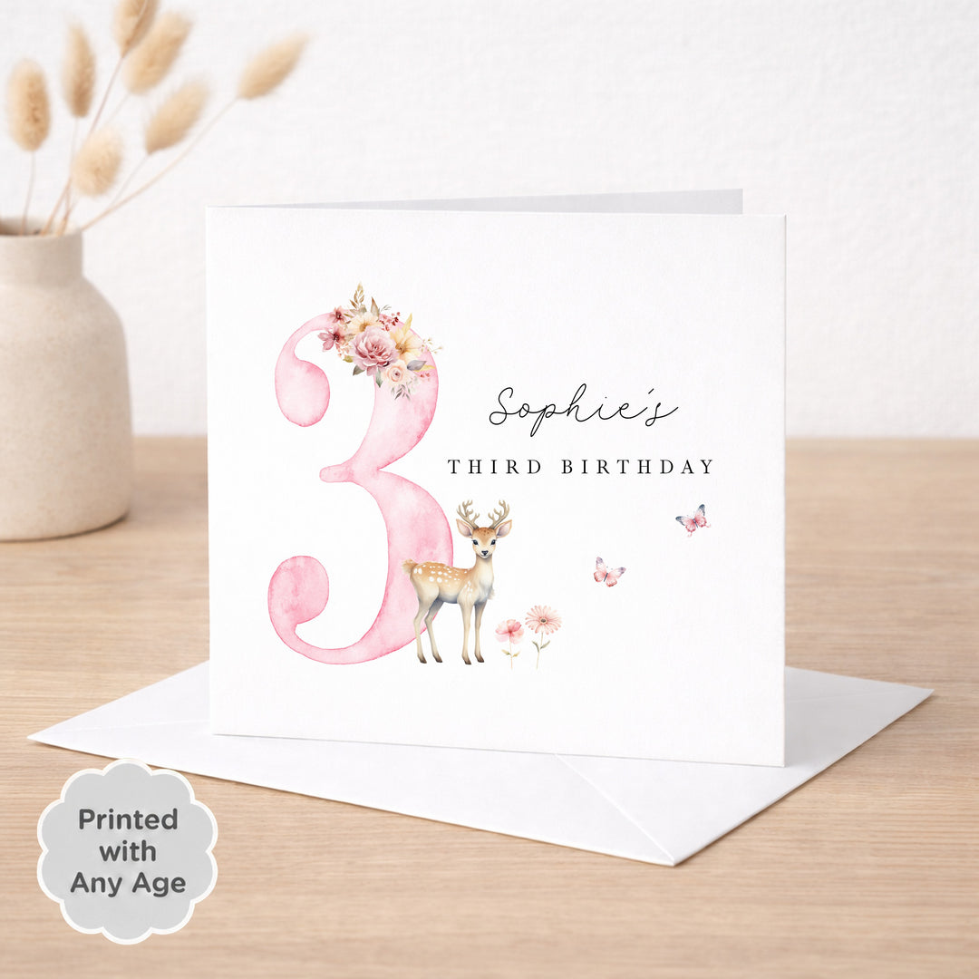 Personalised Pink Deer Any Age Birthday Card