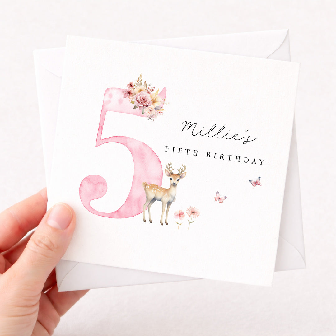 Personalised Pink Deer Any Age Birthday Card