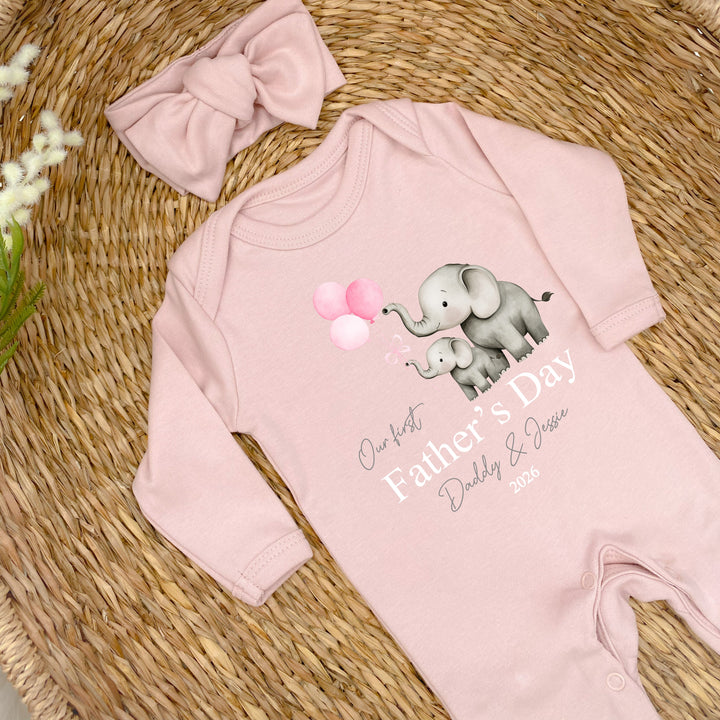Personalised Pink Elephants Our First Father's Day Baby Grow or Vest