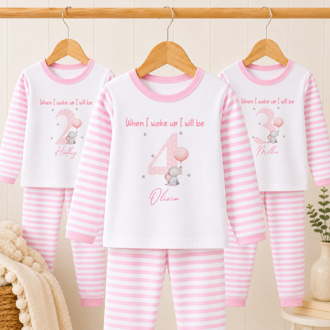 Personalised Pink Spotty Elephant Any Age Birthday Pyjamas