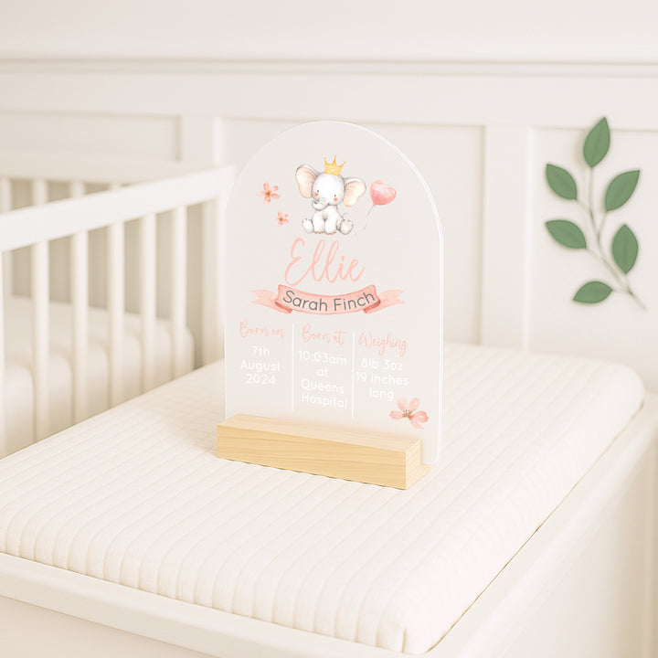 Personalised Pink Elephant Birth Stats Plaque