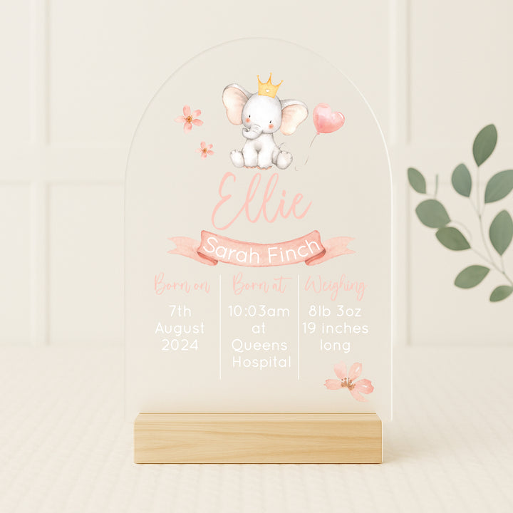 Personalised Pink Elephant Birth Stats Plaque