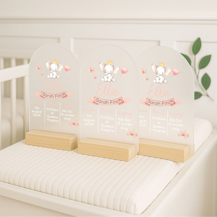 Personalised Pink Elephant Birth Stats Plaque