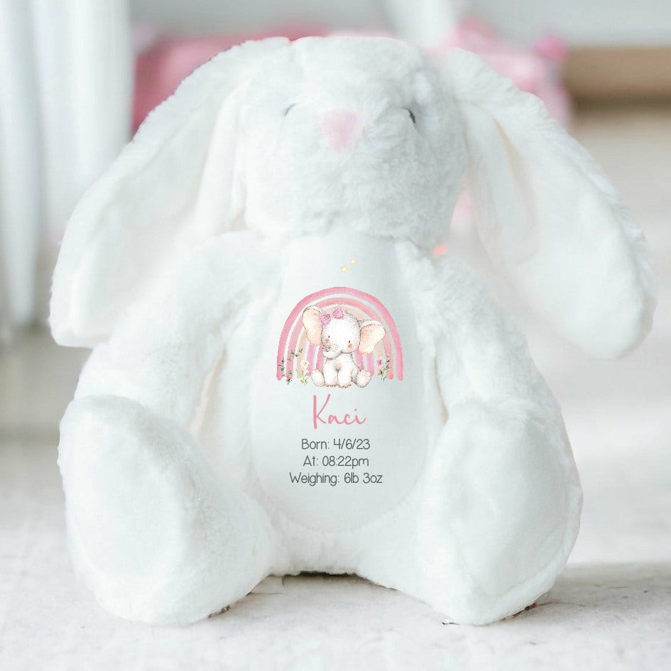 Personalised Pink Rainbow Elephant Birth Announcement Teddy