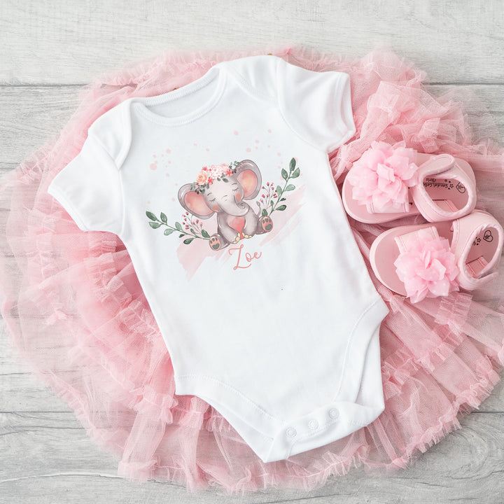 Personalised Grey Pink Elephant Splat Babygrow/Vest