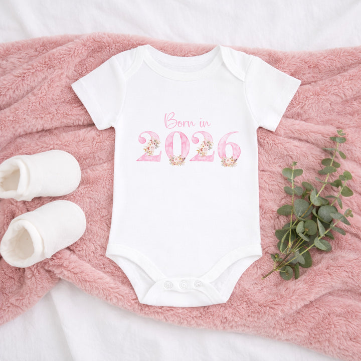 Pink Floral Born in 2026 Baby Grow, Vest or Bib