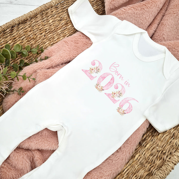 Pink Floral Born in 2026 Baby Grow, Vest or Bib