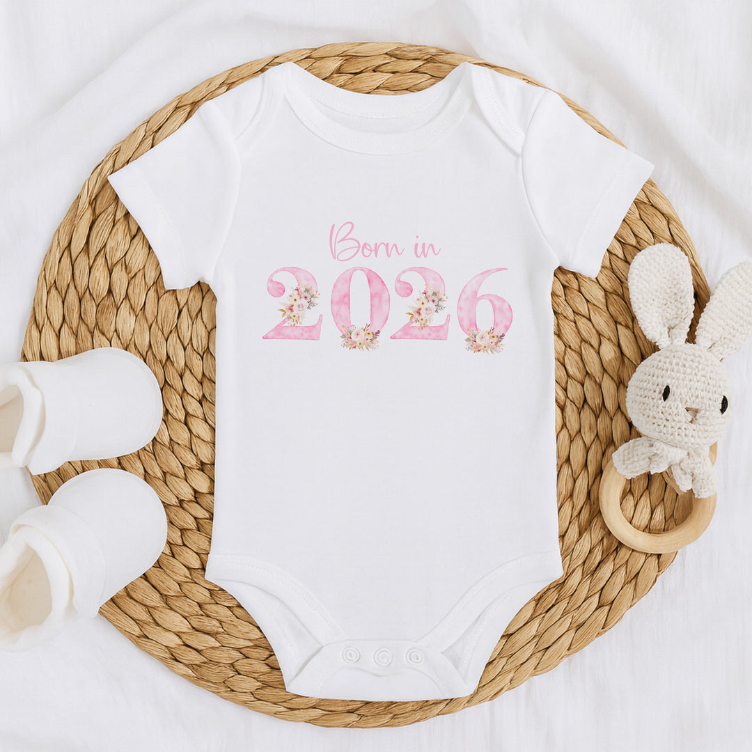 Pink Floral Born in 2026 Baby Grow, Vest or Bib