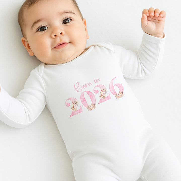Pink Floral Born in 2026 Baby Grow, Vest or Bib