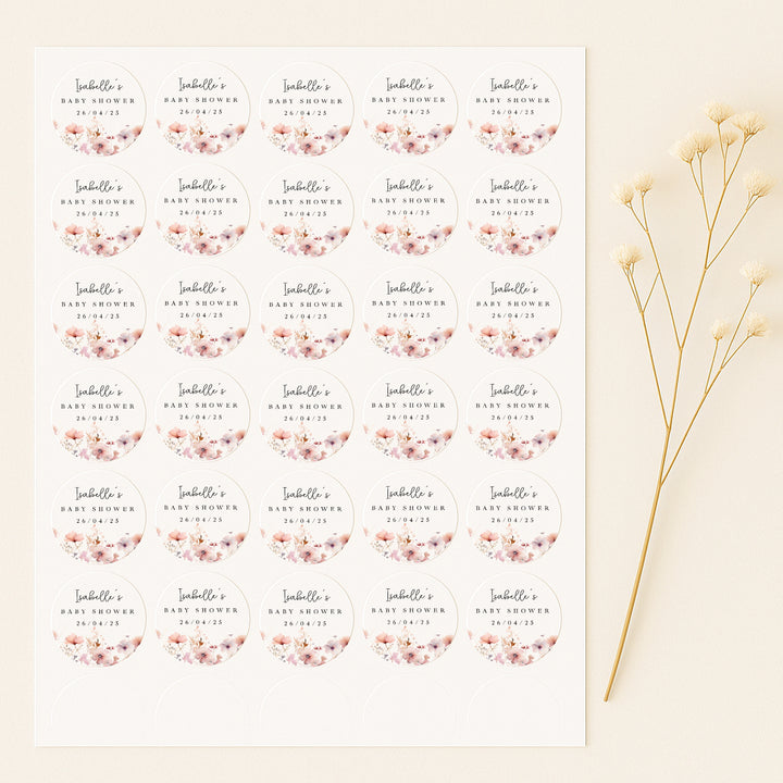 Personalised Pink Flowers Baby Shower Stickers