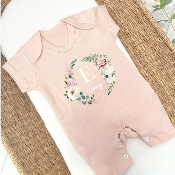 Personalised Pink Floral Wreath Initial Babygrow with optional Heaband, Romper & Blanket