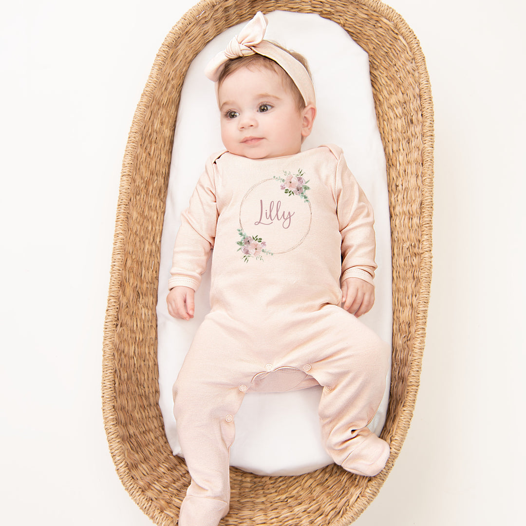 Personalised Dusky Gold Wreath Babygrow with optional Heaband & Blanket