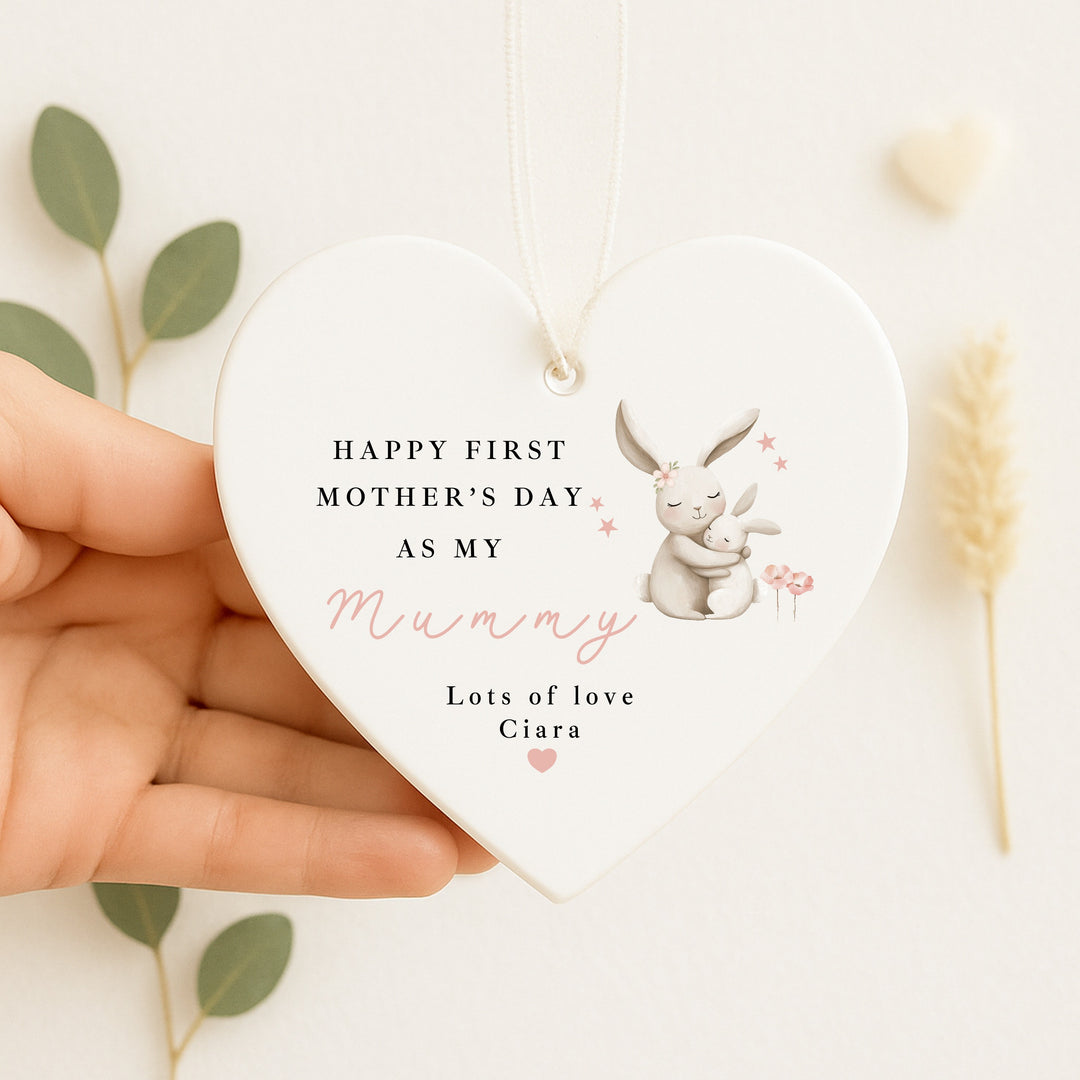 Personalised Pink Bunny Happy First Mother's Day Ceramic Ornament