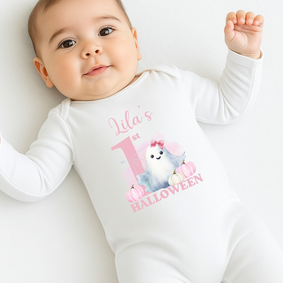 Personalised First Halloween Pink Ghost Baby Outfit