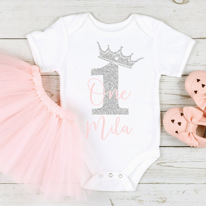 Personalised Pink Glitter Crown Birthday Vest/T-shirt