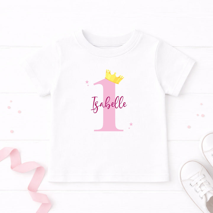 Personalised Pink And Gold Crown First Birthday T-Shirt